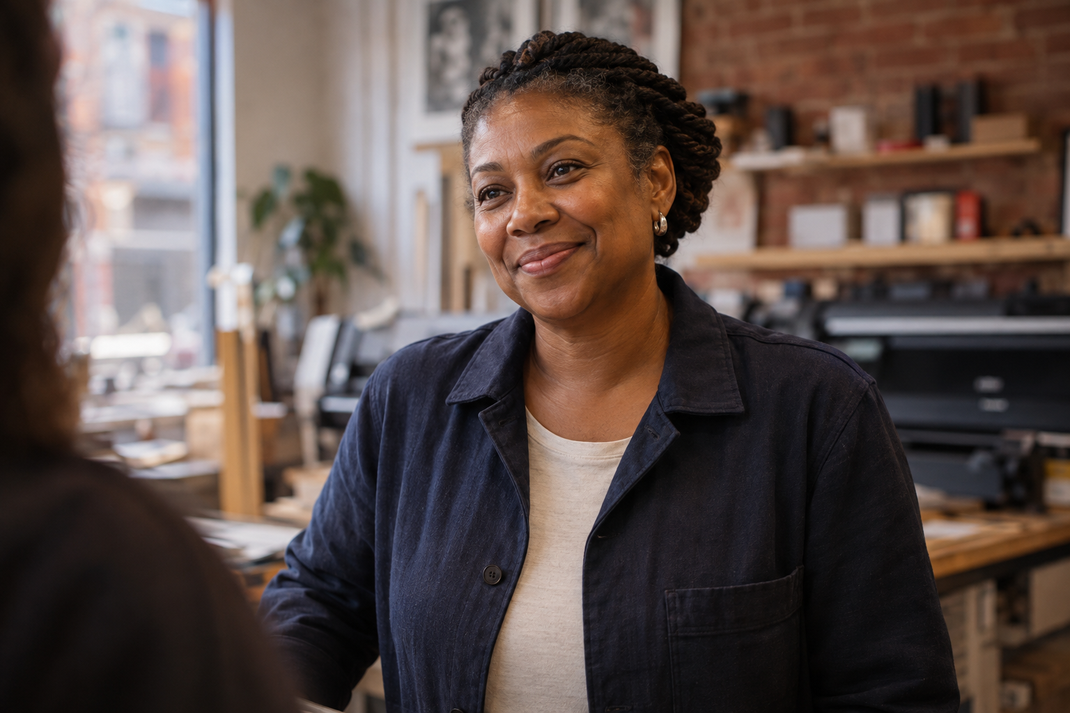 A Black independent studio owner talking with a customer at her work counter