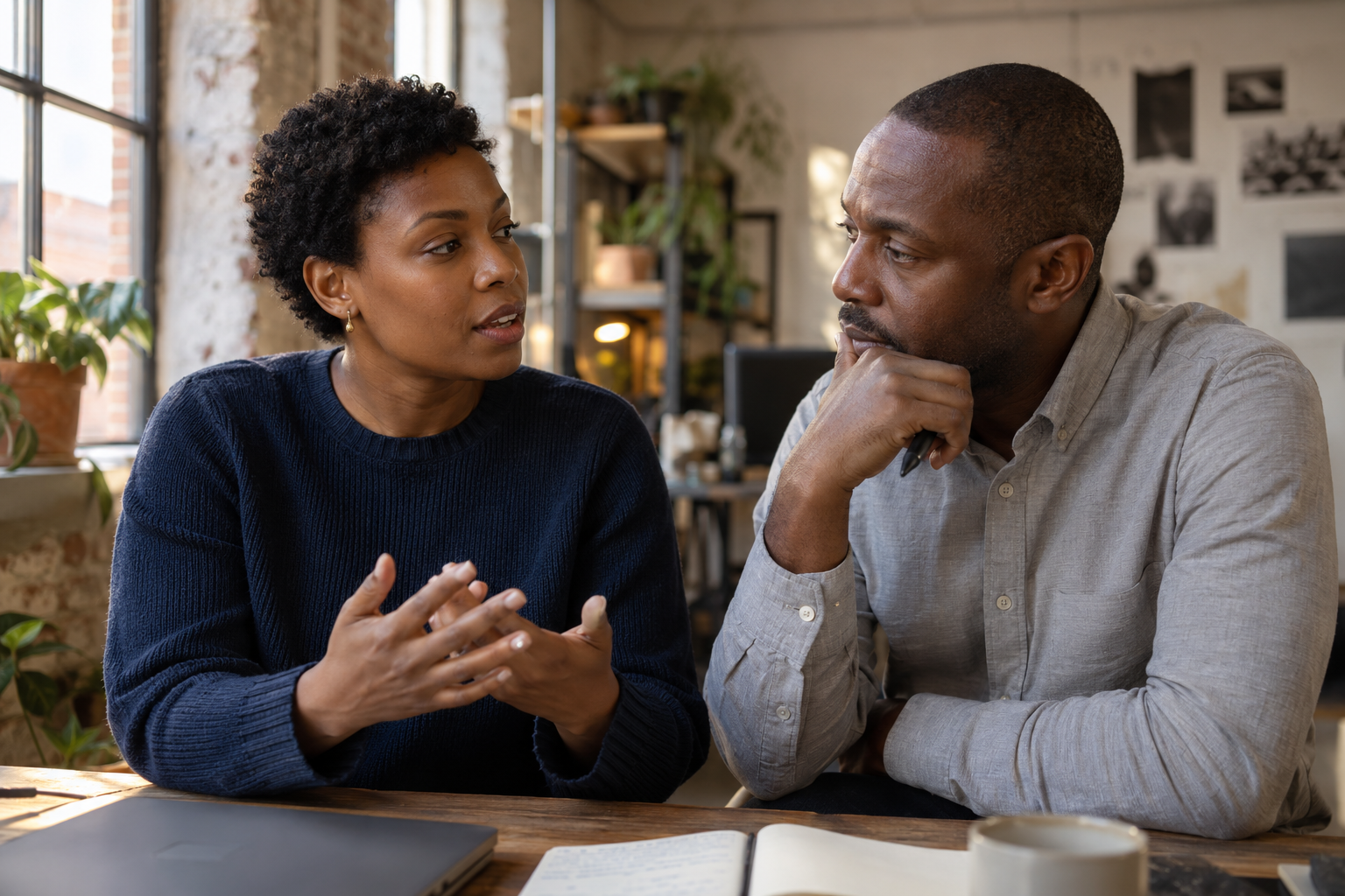 Two Black founders working through a decision together in their studio