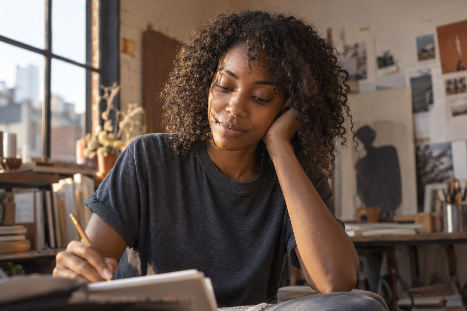 A Black woman developing an idea in her notebook in a sunlit studio