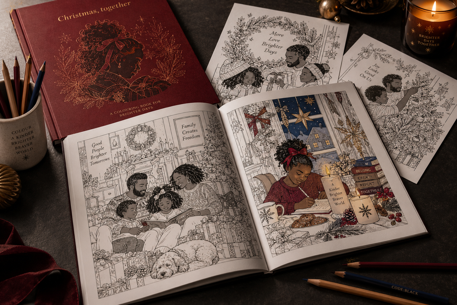 A festive colouring book featuring a Black family beside illustrated activity pages and pencils