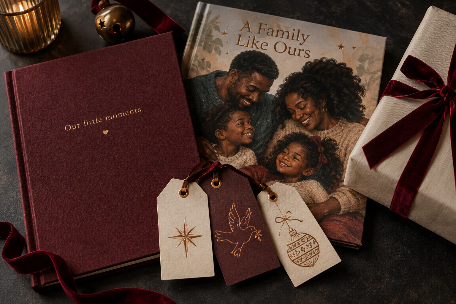 Burgundy memory journals, a family storybook and personalised gift tags with Christmas wrapping