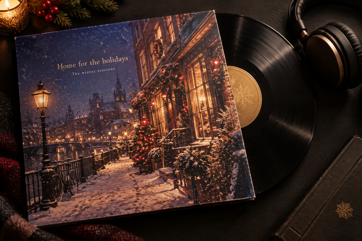 Original festive album artwork beside a vinyl record, headphones and warm Christmas lights
