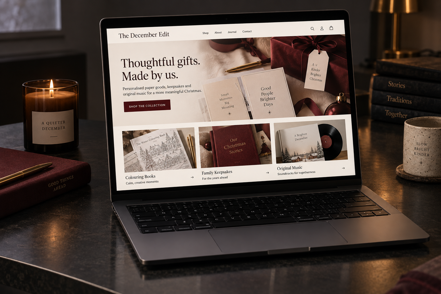 A laptop displaying an independent Christmas shop for paper goods, keepsakes and music