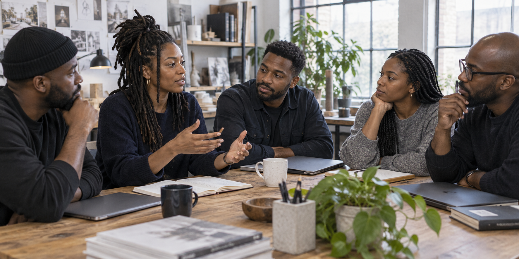 Black builders sharing ideas around a studio table